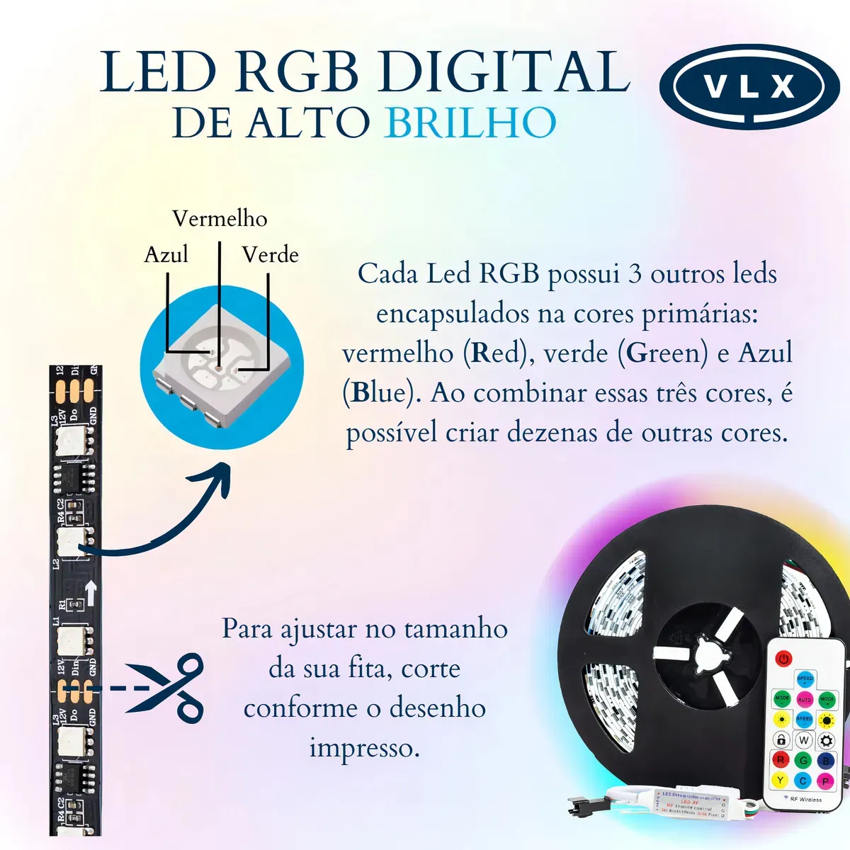 Fita Led Vlx Ws2811 Decorativa P/sala 5m Rgb Endereçável RGB | 12V / 220V
